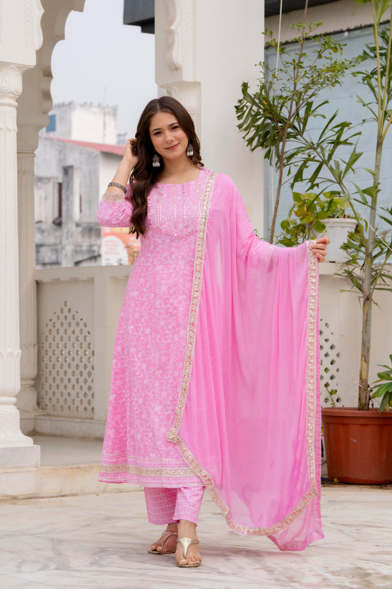 4 Premium Color Floral Printed Flared Mirror Work Kurta Set