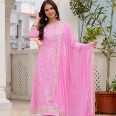 4 Premium Color Floral Printed Flared Mirror Work Kurta Set