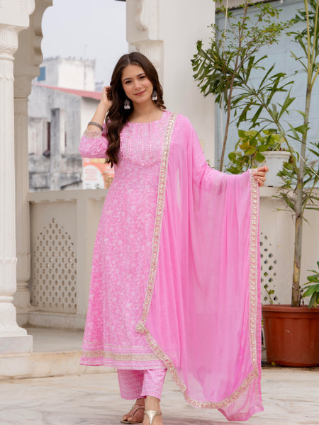 4 Premium Color Floral Printed Flared Mirror Work Kurta Set