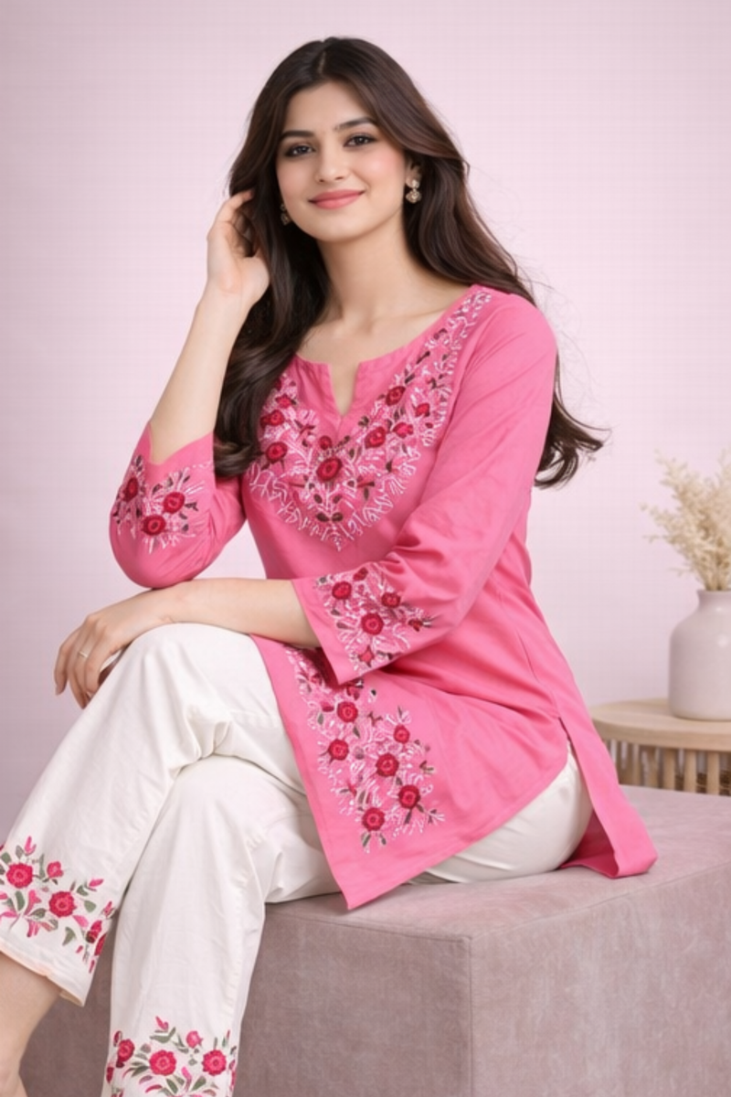 Floral Embroidered Kurti with White Pants