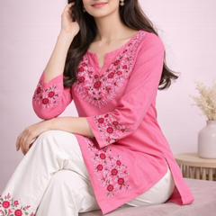 Floral Embroidered Kurti with White Pants