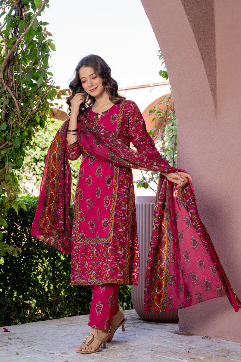 Red Printed Elegant Cotton Ethnic Suit with Handwork