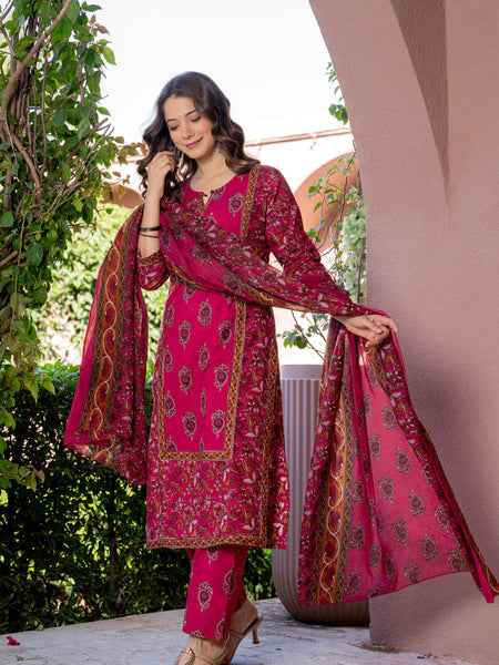 Red Printed Elegant Cotton Ethnic Suit with Handwork