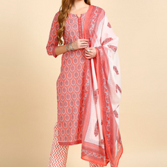 Peach Printed Ethnic Suit Set with Handwork