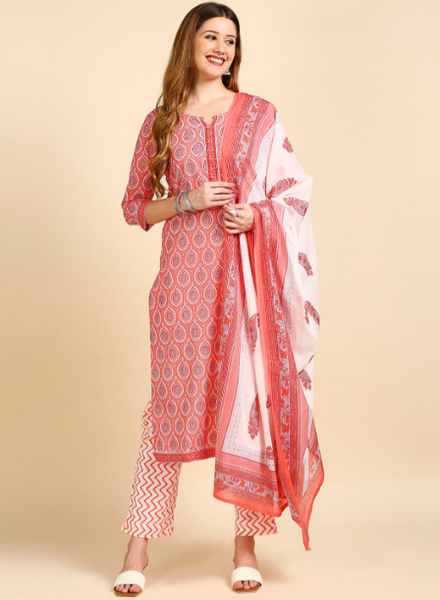 Peach Printed Ethnic Suit Set with Handwork