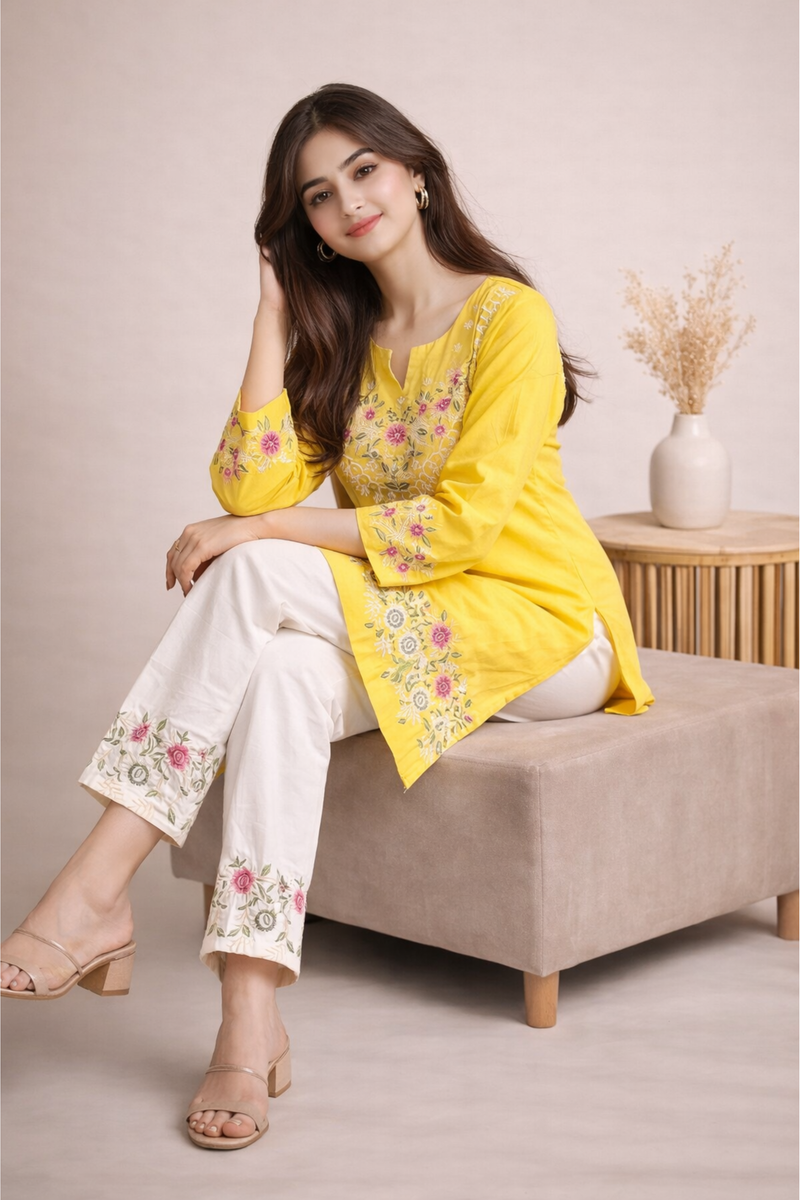 Floral Embroidered Kurti with White Pants