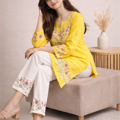Floral Embroidered Kurti with White Pants
