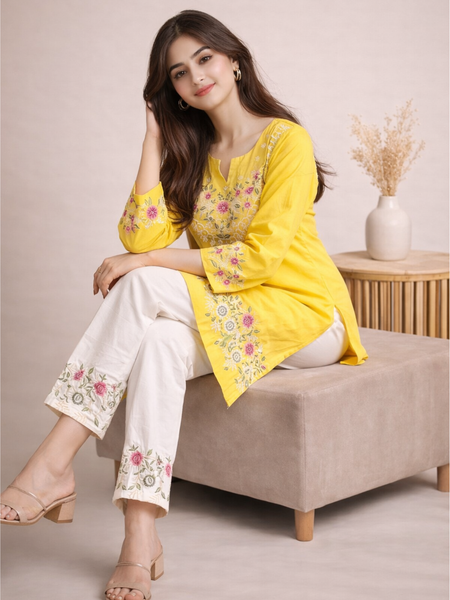 Floral Embroidered Kurti with White Pants