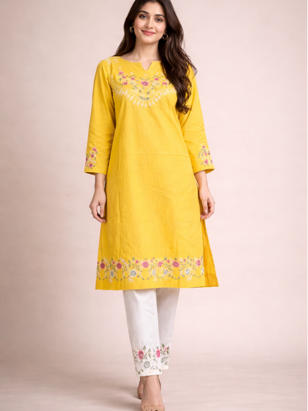 Floral Embroidered Kurti with White Pants
