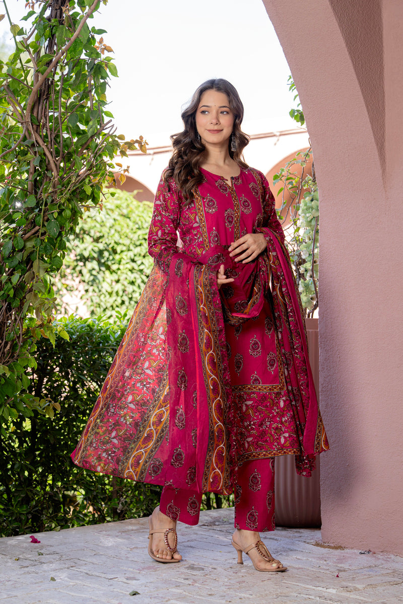 Red Printed Elegant Cotton Ethnic Suit with Handwork