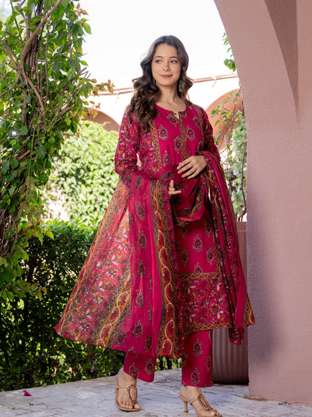 Red Printed Elegant Cotton Ethnic Suit with Handwork