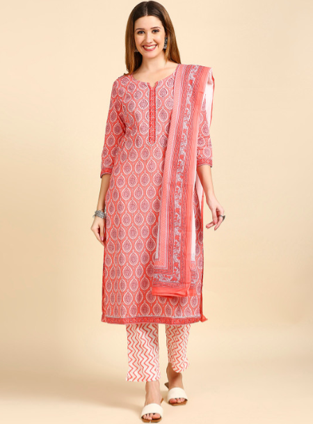 Peach Printed Ethnic Suit Set with Handwork
