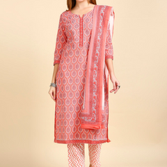 Peach Printed Ethnic Suit Set with Handwork