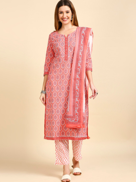 Peach Printed Ethnic Suit Set with Handwork