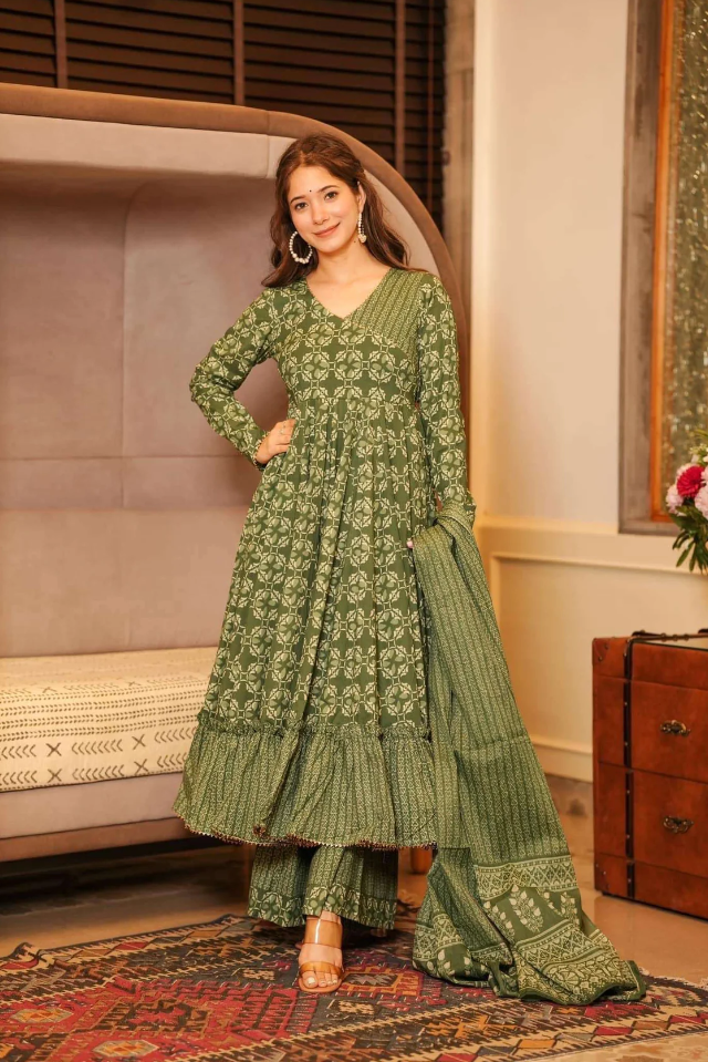Olive Green Anarkali Kurta Set with Palazzo & Dupatta
