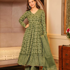 Olive Green Anarkali Kurta Set with Palazzo & Dupatta