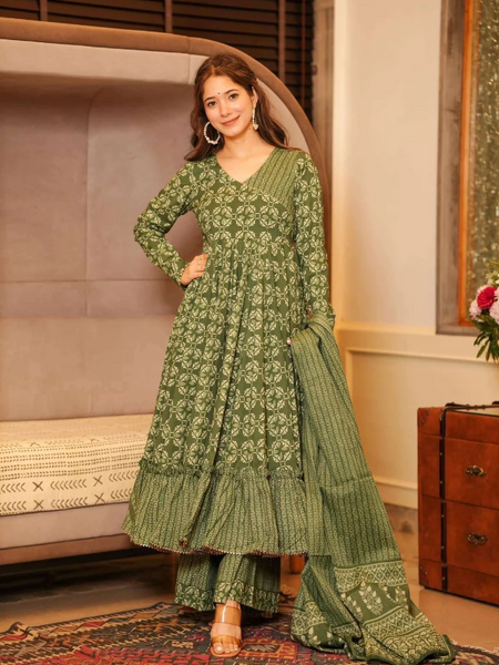 Olive Green Anarkali Kurta Set with Palazzo & Dupatta