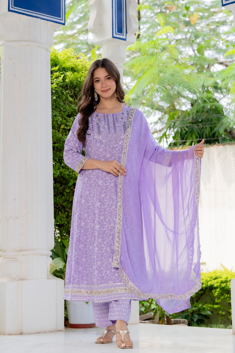 4 Premium Color Floral Printed Flared Mirror Work Kurta Set