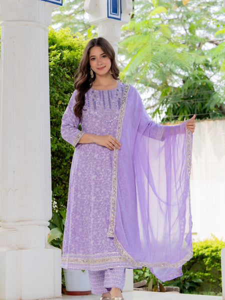 4 Premium Color Floral Printed Flared Mirror Work Kurta Set