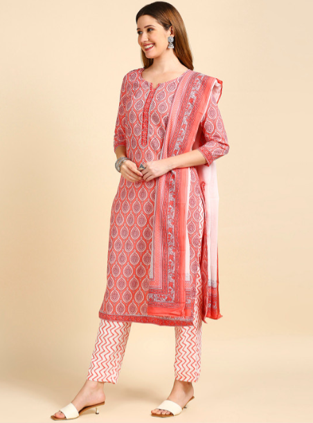Peach Printed Ethnic Suit Set with Handwork