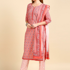 Peach Printed Ethnic Suit Set with Handwork