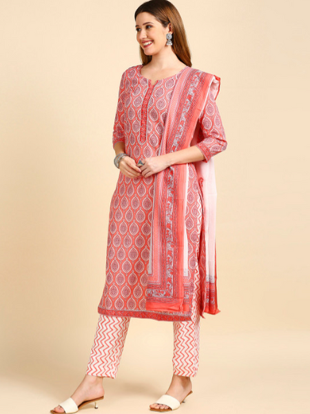 Peach Printed Ethnic Suit Set with Handwork