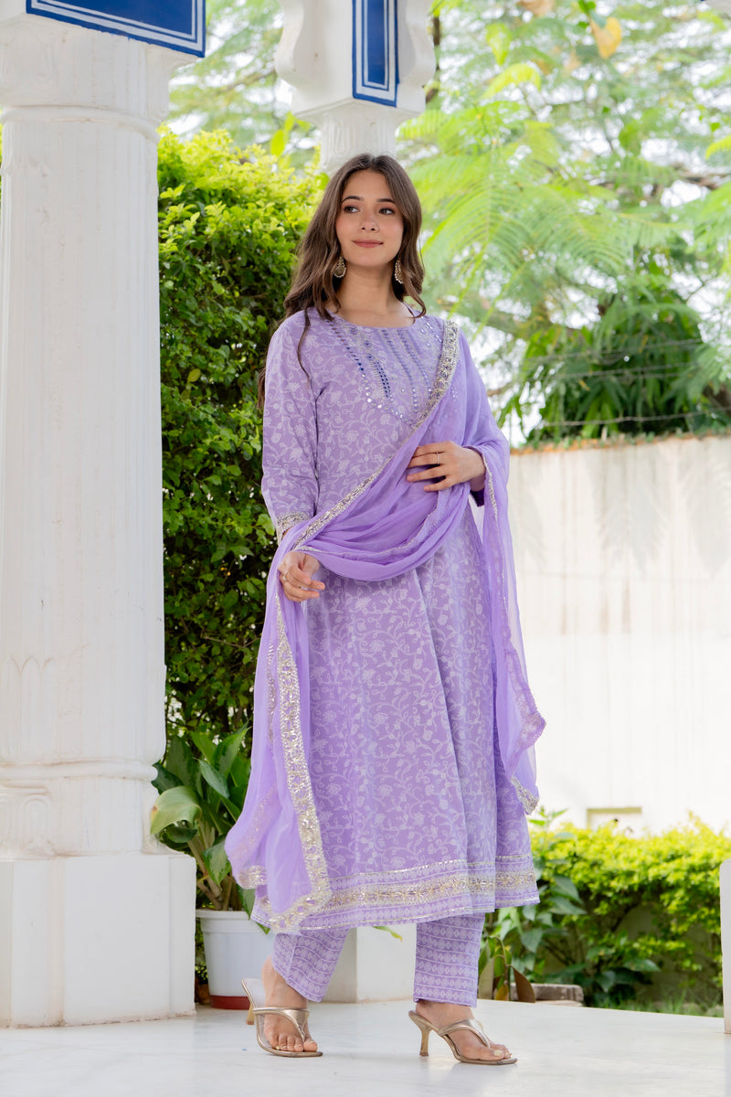 4 Premium Color Floral Printed Flared Mirror Work Kurta Set