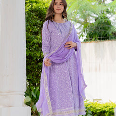 4 Premium Color Floral Printed Flared Mirror Work Kurta Set