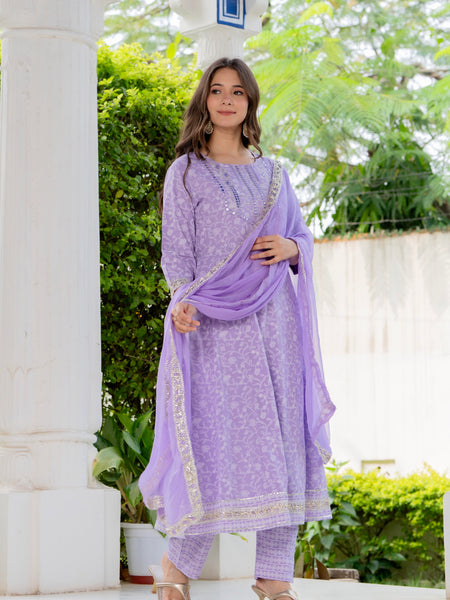 4 Premium Color Floral Printed Flared Mirror Work Kurta Set