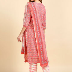 Peach Printed Ethnic Suit Set with Handwork