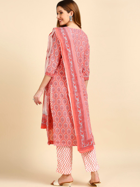 Peach Printed Ethnic Suit Set with Handwork