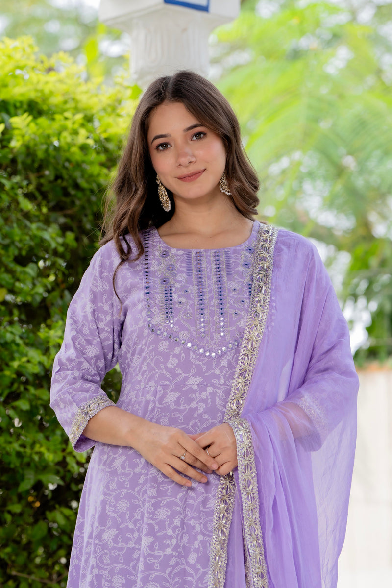 4 Premium Color Floral Printed Flared Mirror Work Kurta Set