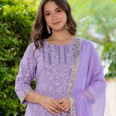 4 Premium Color Floral Printed Flared Mirror Work Kurta Set