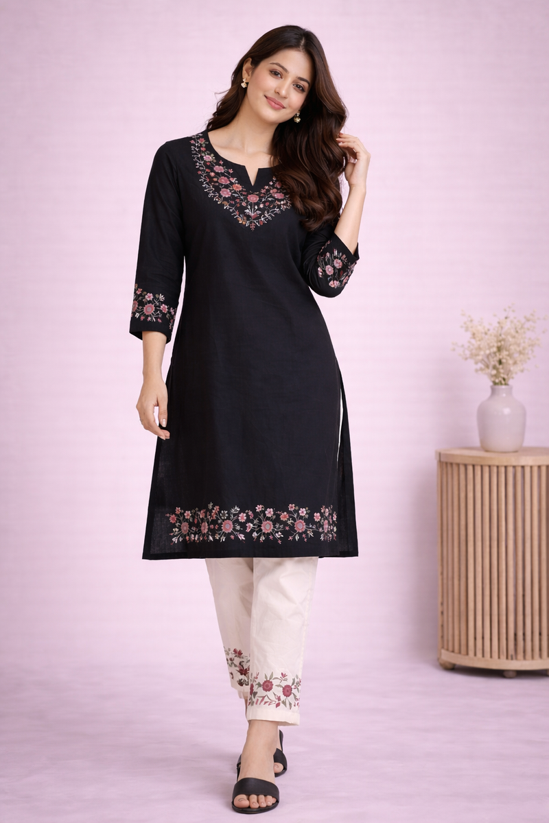 Floral Embroidered Kurti with White Pants