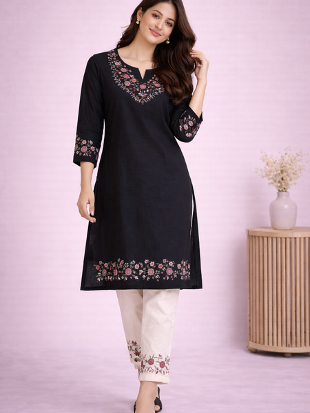 Floral Embroidered Kurti with White Pants