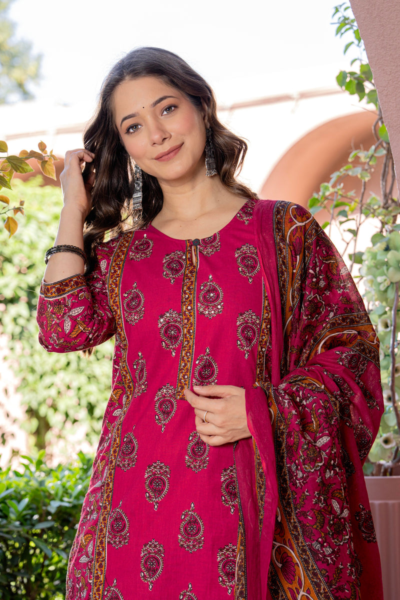 Red Printed Elegant Cotton Ethnic Suit with Handwork