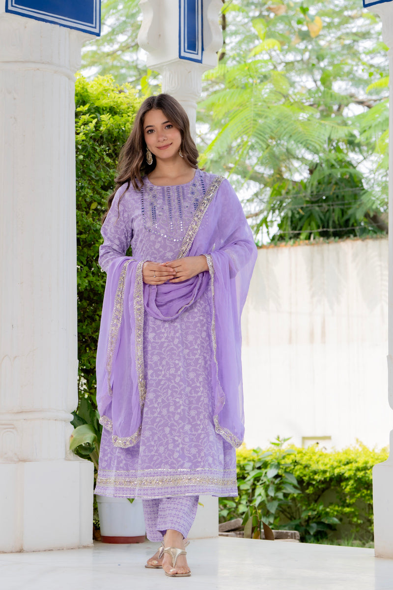 4 Premium Color Floral Printed Flared Mirror Work Kurta Set