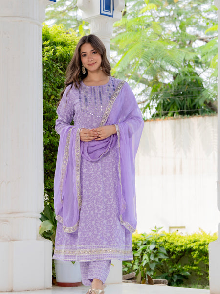 4 Premium Color Floral Printed Flared Mirror Work Kurta Set