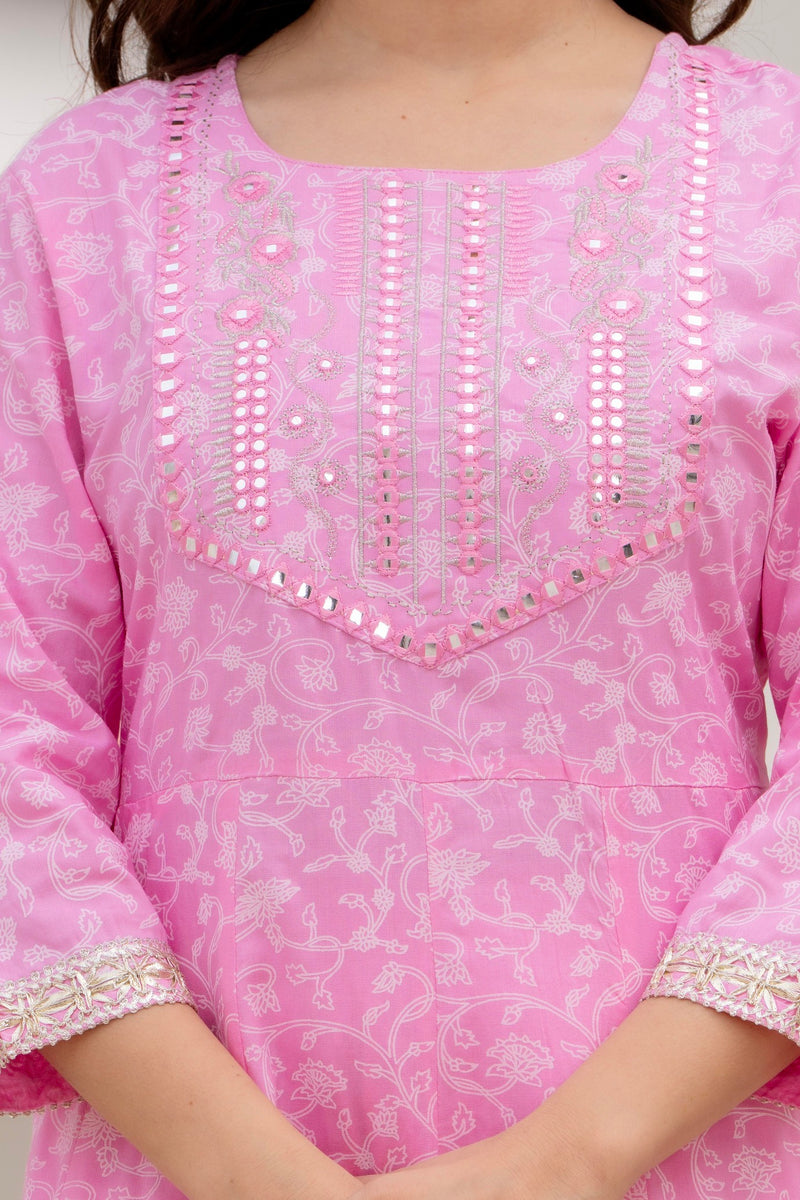 4 Premium Color Floral Printed Flared Mirror Work Kurta Set