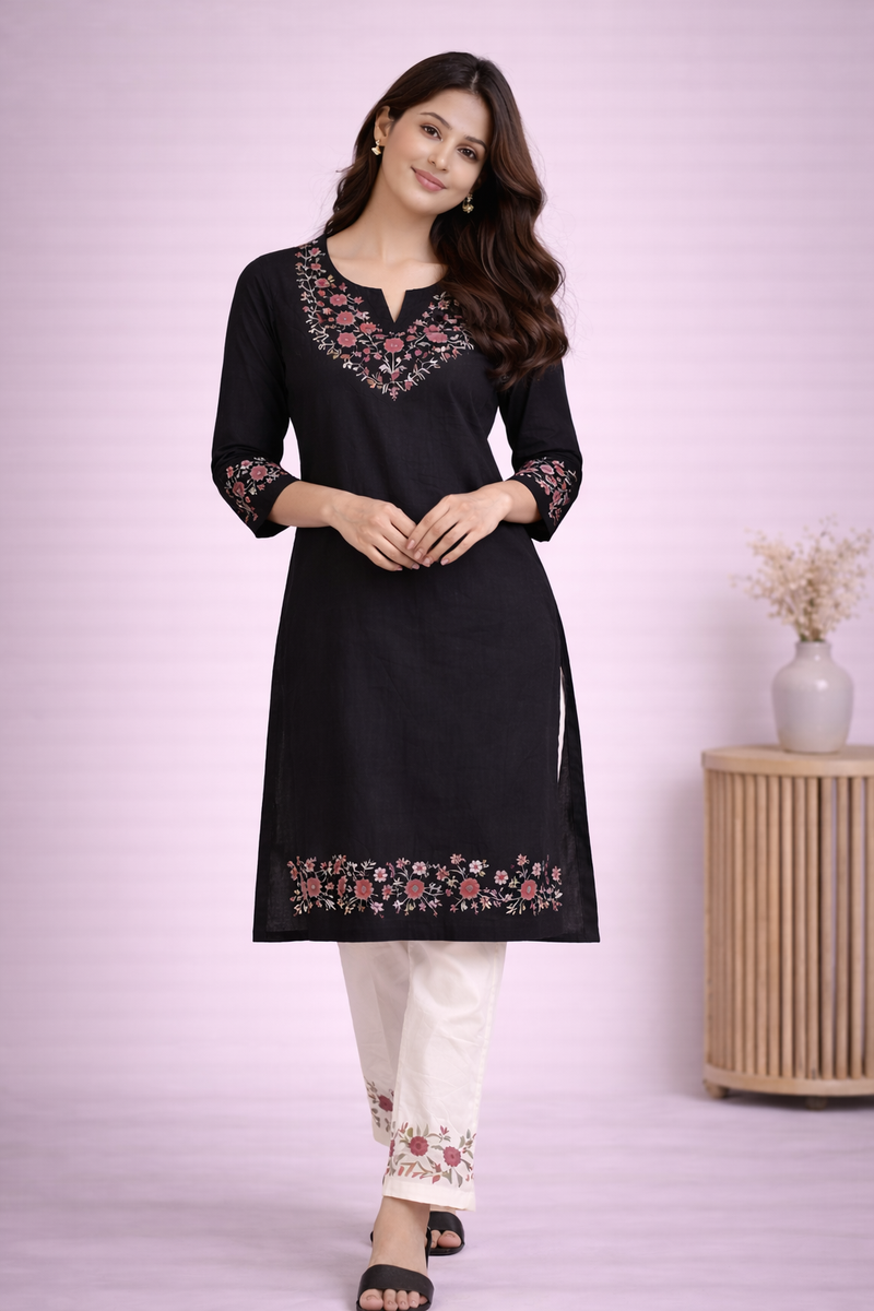 Floral Embroidered Kurti with White Pants