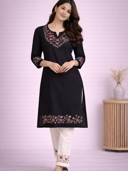 Floral Embroidered Kurti with White Pants