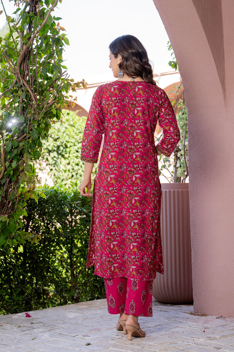 Red Printed Elegant Cotton Ethnic Suit with Handwork