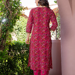 Red Printed Elegant Cotton Ethnic Suit with Handwork