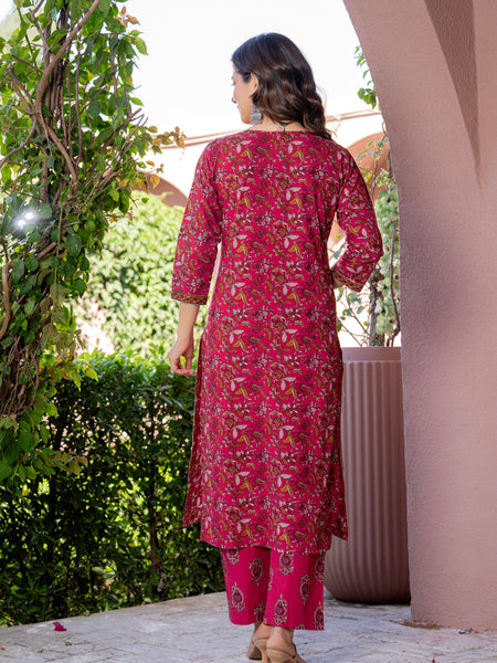Red Printed Elegant Cotton Ethnic Suit with Handwork