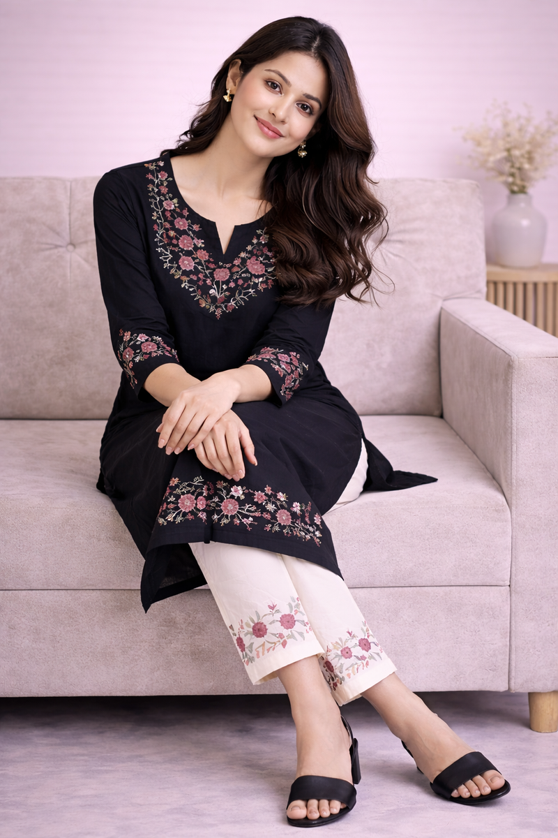 Floral Embroidered Kurti with White Pants