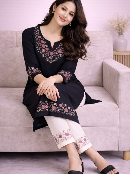 Floral Embroidered Kurti with White Pants