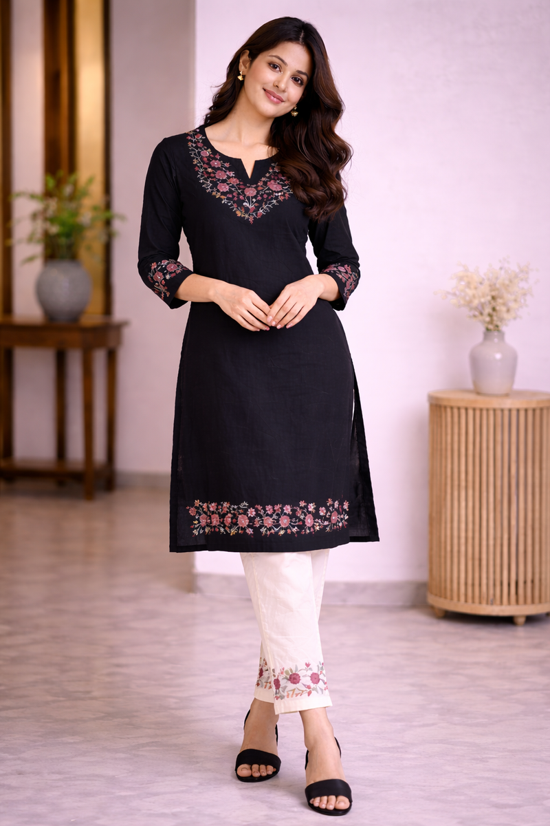 Floral Embroidered Kurti with White Pants