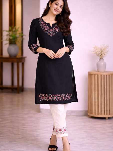 Floral Embroidered Kurti with White Pants