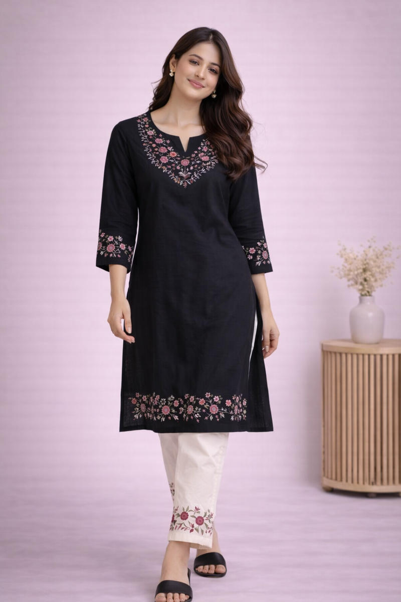 Floral Embroidered Kurti with White Pants