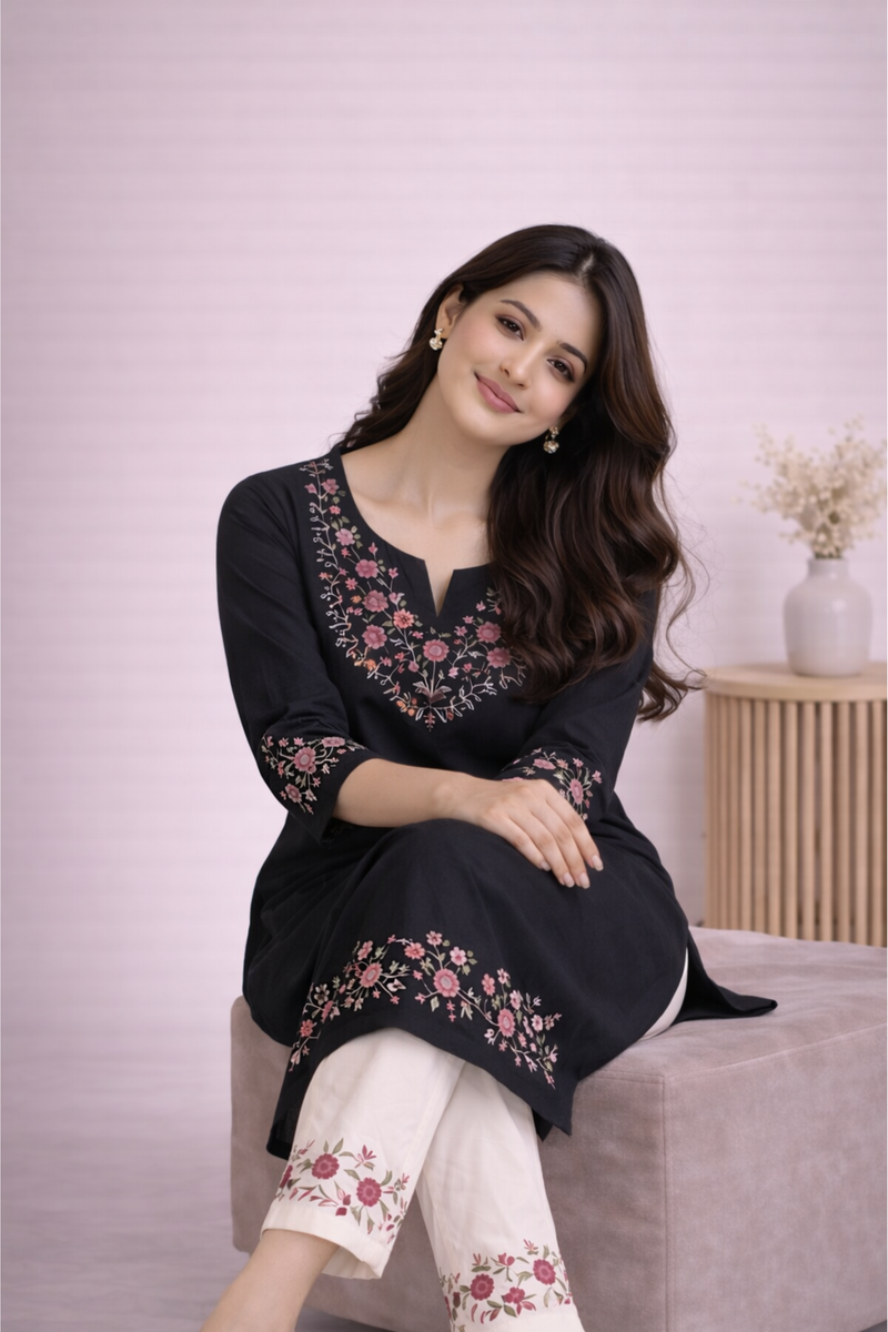 Floral Embroidered Kurti with White Pants